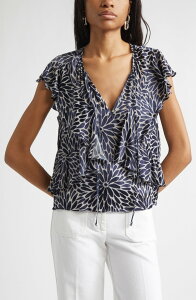 ���C�~�[ �u���b�N ���f�B�[�X �g�b�v�X �V���c �t���� Ramy Brook Julianne Ruffle Top Navy Burnout �l�C�r�[