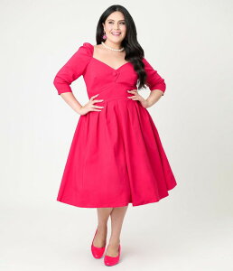 ���j�[�N�r���e�[�W ���f�B�[�X �g�b�v�X �����s�[�X �v���X�T�C�Y Unique Vintage Plusize Woven Sweetheart Neckline Lamar Swing Dress Hot Pink �s���N