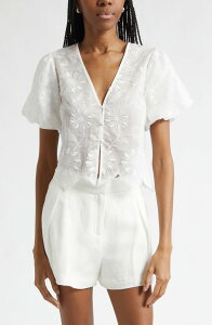 ���C�~�[ �u���b�N ���f�B�[�X �g�b�v�X �V���c �h�J Ramy Brook Chrissiembroidered Puff Sleeve Crop Top Ivory Organza �A�C�{���[