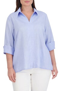 �t�H�b�N�X�N���t�g ���f�B�[�X �g�b�v�X �V���c ���l�� Foxcroft Agnes Three-Quarter Sleeve Linen Blend Topowder Blu