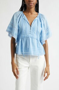 ���C�~�[ �u���b�N ���f�B�[�X �g�b�v�X �V���c �R�b�g�� ���[�X Ramy Brook Sherry Pintuck & Lace Detail Cotton Top Bazaar Blue �u���[