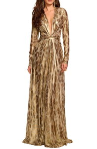 ���C�~�[ �u���b�N ���f�B�[�X �g�b�v�X �����s�[�X �v�����g�[�� Ramy Brook Martini Metallic Leopard Print Long Sleeve Gown Gold Animal �S�[���h
