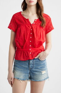 �t���[�s�[�v�� ���f�B�[�X �g�b�v�X �V���c �h�J Free People Gemma Embroidered Button-Up Babydoll Top High Risk Red ���b�h