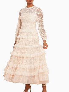 �j�[�h���A���h�X���b�h ���f�B�[�X �g�b�v�X �����s�[�X �A���N�� ���[�X Needle & Thread Blossom Long Sleeve Lace Ankle Gown Cream �N���[��