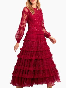 �j�[�h���A���h�X���b�h ���f�B�[�X �g�b�v�X �����s�[�X �A���N�� ���[�X Needle & Thread Blossom Long Sleeve Lace Ankle Gown Red ���b�h