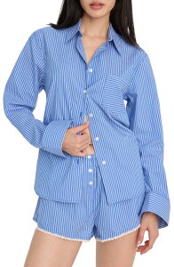 �O�b�h�A�����J�� ���f�B�[�X �g�b�v�X �V���c Good American Classic Boxy Poplin Button-Up Shirt Blue White Stripe �z���C�g