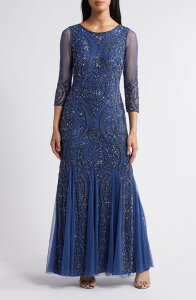 �s�T�b���i�C�c ���f�B�[�X �g�b�v�X �����s�[�X ���b�V�� �X�p���R�[�� Pisarro Nightsequin Beaded Illusion Mesh Three-Quarter Sleeve Gown Denim �f�j��