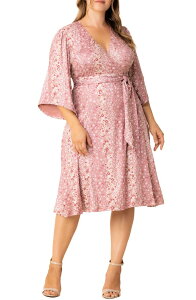 �L���i ���f�B�[�X �g�b�v�X �����s�[�X �t�����[�� �~�j �t�����[ Kiyonna Gemini Floral Bell Sleeve Wrap Dress Pink Floral Falls �s���N