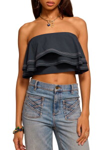 ���C�~�[ �u���b�N ���f�B�[�X �g�b�v�X �V���c �t���� �X�g���b�v���X Ramy Brook Poppy Ruffle Strapless Crop Top Navy �l�C�r�[