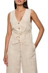 �T���N�`���A���[ ���f�B�[�X �A�E�^�[ �x�X�g ���l�� Sanctuary Cala Pinstripe Cinched Linen Blend Vest Collagen White Pinstripe �z���C�g