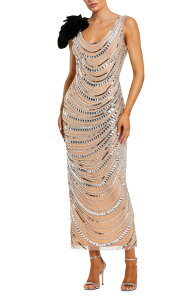�}�b�N�_�K�� ���f�B�[�X �g�b�v�X �����s�[�X ���b�V�� �A���N�� Mac Duggal Mesh Beaded 3D Flower Cowl Back Ankle Dressilver Nude �V���o�[