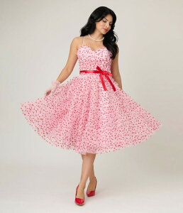 ���j�[�N�r���e�[�W ���f�B�[�X �g�b�v�X �����s�[�X �`���[�� Unique Vintage Tulle Sweetheart Cupcake Swing Dress Pink W/ Red Hearts ���b�h