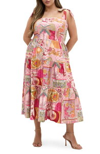 �V�e�B�[�V�b�N ���f�B�[�X �g�b�v�X �����s�[�X �v�����g �~�f�B City Chic Ellessia Print Fit & Flare Midi Tie Shoulder Dress Pink Dreamscape �s���N