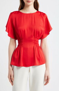 �A���N���C�� ���f�B�[�X �g�b�v�X �V���c �V���[�����O Anne Klein Flutter Sleeve Smocked Waistop Begonia Red ���b�h