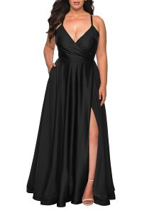 ���t�F�� ���f�B�[�X �g�b�v�X �����s�[�X A ���C�� �v���X�T�C�Y �T�e�� ���[�X La Femme Satin A-line Plus Dress with Lace Up Back and Pockets Black �u���b�N