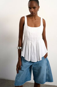 �g�b�v�V���b�v ���f�B�[�X �g�b�v�X �V���c �v���[�c ���l�� Topshopleated Curve Hem Linen Blend Top Ivory �A�C�{���[