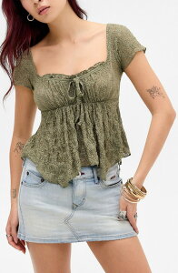 �A�[�o���A�E�g�t�B�b�^�[�Y ���f�B�[�X �g�b�v�X �V���c �A�V�����g���[ ���[�X BDG Urban Outfitters Piper Asymmetric Hem Stretch Lace Top Khaki �J�[�L