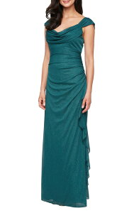 �A���b�N�X�C�u�j���O�X ���f�B�[�X �g�b�v�X �����s�[�X �M���U�[ �t���� Alex Evenings Ruched Ruffle Glitter Gown Pine