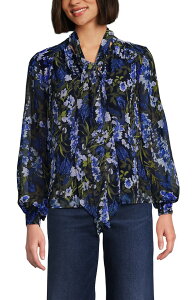 �����Y�G���h ���f�B�[�X �g�b�v�X �V���c �V�t�H�� �u���E�X Lands' End Chiffon Removable Tie Neck Blouse Radiant Navy Multi Floral �l�C�r�[