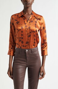 ���W�����X ���f�B�[�X �g�b�v�X �V���c �v�����g �V���N L'AGENCE Dani Playing Card Print Silk Button-Up Shirt Amber Brown Playing Card Geo �A���o�[