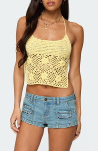 �A�f�B�N�e�b�h ���f�B�[�X �g�b�v�X �V���c �w���J�� �z���^�[ EDIKTED Miel Crochet Backless Halter Top Yellow �C�G���[