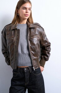 �g�b�v�V���b�v ���f�B�[�X �A�E�^�[ �W���P�b�g�E�u���]�� ���U�[ �t�F�C�N���U�[ Topshop Faux Leather Ovoid Sleeve Bomber Jacket Brown �u���E��
