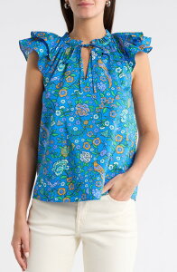 �V���K�[���b�v�X ���f�B�[�X �g�b�v�X �V���c �t�����[�� �R�b�g�� �t�����[ SUGARLIPSiya Heidy Floral Flutter Sleeve Cotton Top Blue-Greens �u���[