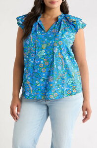�V���K�[���b�v�X ���f�B�[�X �g�b�v�X �V���c �t�����[�� �t���� �L���b�v �t�����[ SUGARLIPS Floral Ruffle Cap Sleeve Top Blue-Greens �u���[