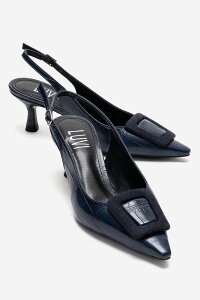 �v�����[�O�V���[�Y ���f�B�[�X �p���v�X Prologue Shoes Dublin Buckle Stiletto Pump Navy Print �l�C�r�[