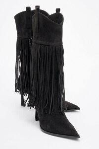 �v�����[�O�V���[�Y ���f�B�[�X �u�[�c�E���C���u�[�c �t�����W Prologue Shoes Gueras Fringe Pointed Toe Boot Black Suede Faux Leather �u���b�N