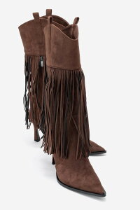 �v�����[�O�V���[�Y ���f�B�[�X �u�[�c�E���C���u�[�c �t�����W Prologue Shoes Gueras Fringe Pointed Toe Boot Brown Suede Faux Leather �u���E��