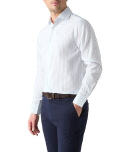 ���o�[�g �^���{�b�g �����Y �g�b�v�X �V���c �R�b�g�� ���l�� Robertalbott Reynolds Cotton Linen Blend Shirt in Contemporary Fit Blue Multi Thin Stripe �u���[