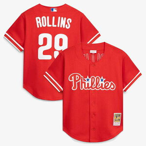 �~�b�`�F��&�l�X �����Y �g�b�v�X �V���c ���b�V�� �W���[�W�[ Men's Mitchell & Ness Jimmy Rollins Red Philadelphia Phillies Cooperstown Mesh Batting Practice Button-Up Jersey Red ���b�h