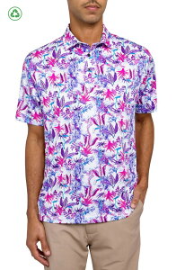 �R���X�g���N�g �����Y �g�b�v�X �|���V���c ���M�����[�t�B�b�g �v�����g CONSTRUCT Regular Fit Exotic Bird Print Recycled Performance Golf Polo White/Purple �z���C�g