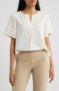AK �A���N���C�� ���f�B�[�X �g�b�v�X �V���c �v�` �v���[�c AK ANNE KLEIN Pleated Split Neck Top (Petite) WHITE DOVE �z���C�g