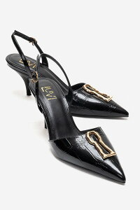 �v�����[�O�V���[�Y ���f�B�[�X �p���v�X Prologue Shoes Yvella Buckle Pointed Toe Stiletto Pump Black Print �u���b�N