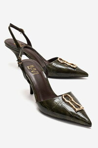 �v�����[�O�V���[�Y ���f�B�[�X �p���v�X Prologue Shoes Yvella Buckle Pointed Toe Stiletto Pump Green Print �O���[��