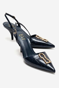 �v�����[�O�V���[�Y ���f�B�[�X �p���v�X Prologue Shoes Yvella Buckle Pointed Toe Stiletto Pump Navy Print �l�C�r�[