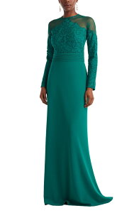 �^�_�V�V���[�W ���f�B�[�X �g�b�v�X �����s�[�X �h�J ���[�X Tadashi Shoji Embroide red Illusion Lace Long Sleeve Sheath Gown EMERALD �G�������h