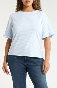 �W���[���Y�j���[���[�N ���f�B�[�X �g�b�v�X �V���c �v���X�T�C�Y �R�b�g�� Jones New York Stripe Frill Sleeve Stretch Cotton Top (Plus) BREEZE BLUE/ NATURAL WHITE �z���C�g