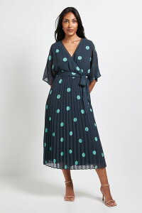�E�H���X ���f�B�[�X �g�b�v�X �����s�[�X �v�` �v���[�c �~�f�B Wallis Petite Spot Pleated Midi Dress Green �O���[��