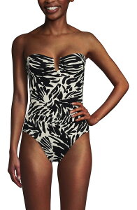 �����Y�G���h ���f�B�[�X �g�b�v�X �����s�[�X Lands' End Slender Suitummy Control U-Wire Bandeau One Piece Swimsuit Black/Egret White Leaf Scroll �z���C�g