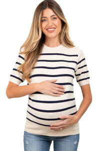 �s���N�u���b�V�� ���f�B�[�X �g�b�v�X �V���c �j�b�g �}�^�j�e�B PinkBlush Striped Knit Short Sleeve Top (Maternity) Navy Blue �l�C�r�[