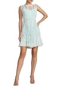�}�b�N�_�K�� ���f�B�[�X �g�b�v�X �����s�[�X �n�C�l�b�N �t���� �~�j ���b�V�� Mac Duggal Mesh Micro Ruffle High Neck Mini Dress Aqua �A�N�A