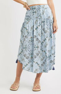 �g���W���[�A���h�{���Y ���f�B�[�X �{�g���X�J�[�g �v�����g �~�f�B Treasure & Bond Scarf Print Drop Waist Midi Skirt BLUE- OLIVE SCARFLORAL �u���[