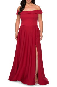 ���t�F�� ���f�B�[�X �g�b�v�X �����s�[�X �v���X�T�C�Y La Femme Off The Shoulder Plusize Dress with Leg Slit (Plus) RED ���b�h