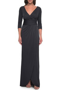 ���t�F�� ���f�B�[�X �g�b�v�X �����s�[�X �M���U�[ �W���[�W�[ La Femme Simple Chic Jersey Dress with Ruched Waist and V Neckline Charcoal �`���R�[��