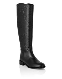 �t�B���b�v�v���C�� ���f�B�[�X �V���[�Y �X�j�[�J�[ �u�[�c ���U�[ �q�[�� PHILIPPLEIN Leather Lo-Heels Mid Boots Monogram Women (Women) black �u���b�N