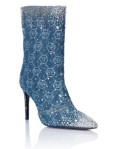 �t�B���b�v�v���C�� ���f�B�[�X �V���[�Y �X�j�[�J�[ �f�j�� �u�[�c PHILIPPLEIN Denim Low Boots Monogram Strass 9 Women (Women) light blue ���C�g�u���[