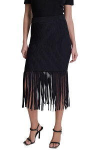 �_�i �L������ �j���[���[�N ���f�B�[�X �{�g���X�J�[�g �~�f�B �t�����W DKNY Fringe Rib Midi Skirt BLACK �u���b�N